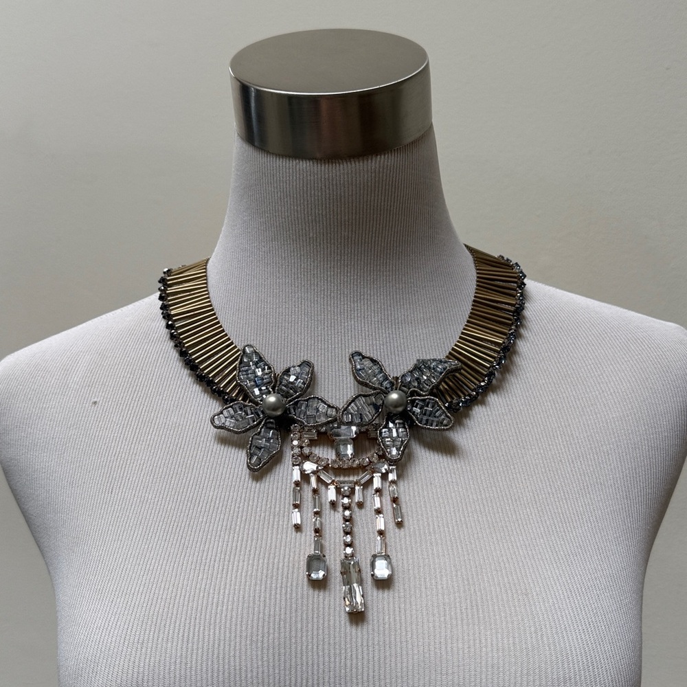 Anthropologie Art Deco Beaded Necklace Blue and Gold